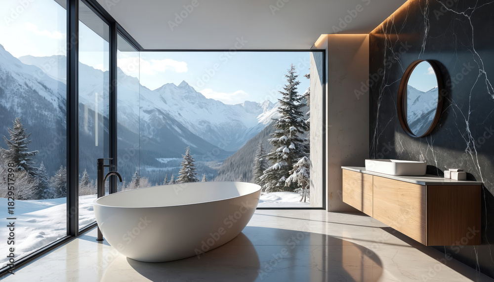 Fototapeta premium Modern bathroom features freestanding tub before expansive snowy mountain landscape visible through large window. Minimalist interior design with clean lines wooden vanity and stone wall.