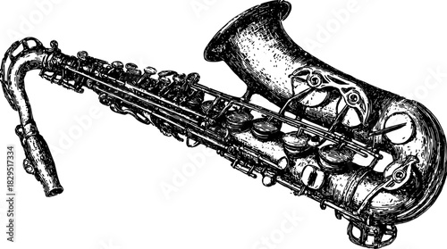 Saxophone vector illustration. Detailed vintage design with elegant curves, isolated against a black background, showcasing classic musical tradition in a set.