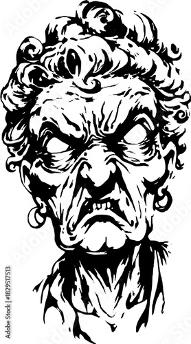 Antique engraving of a woman?s face with an unpleasant expression. Detailed black and white vector illustration captures a retro style.