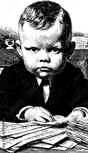 Silhouette of a boy in an antique style. Vintage vector illustration showing a serious expression with papers in a set.