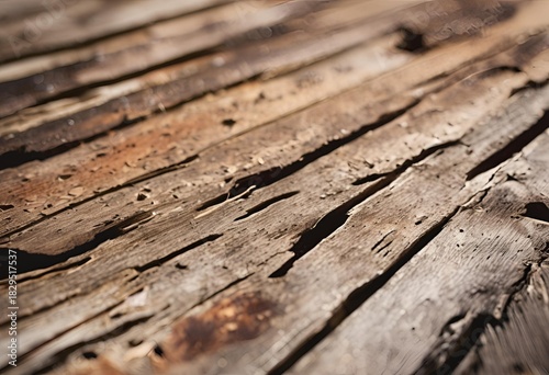 Weathered Wood close-up, diagonal view of textured, aged, and weathered wooden planks with deep cracks and peeling surfaces. 