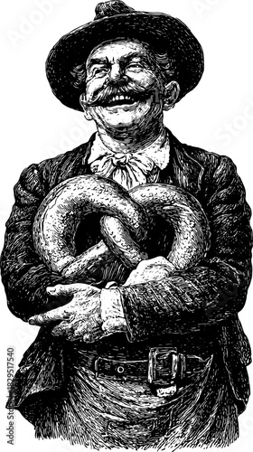 Vintage engraving of a man holding a pretzel. The detailed hand-drawn illustration represents traditional attire in a historical context. This is a vector illustration.