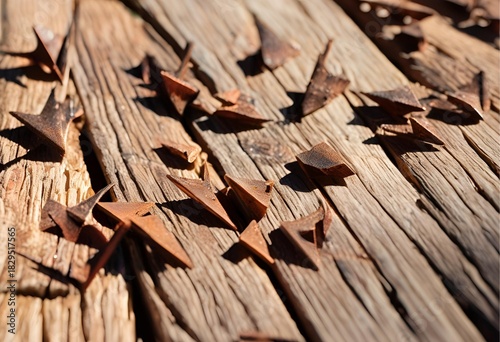 Rusty Stars close-up of small, rusted metal star-shaped objects scattered on weathered, sunlit wooden planks. 