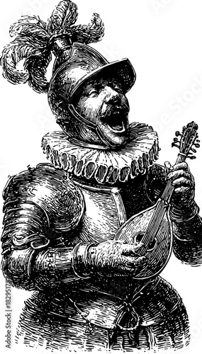 Musician singing and playing mandolin in vintage engraving style. Antique black and white vector illustration with detailed outline.