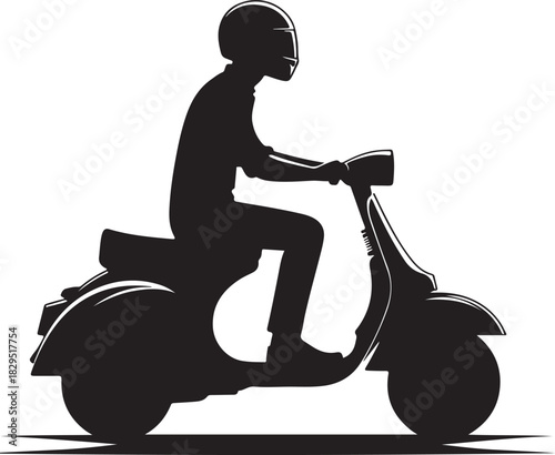 A silhouette image features a man wearing a helmet riding a vintage motor scooter. The image is in black and white with a clear focus on the silhouette.
