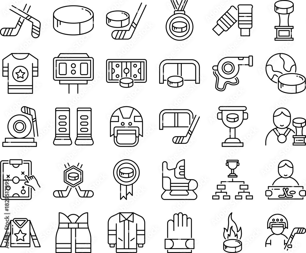 Fototapeta premium Hockey Sport Outline Icon Set Vector Illustration