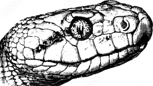 Snake head illustration in black and white. Detailed vector art emphasizing the unique scales and anatomy of this reptile set.