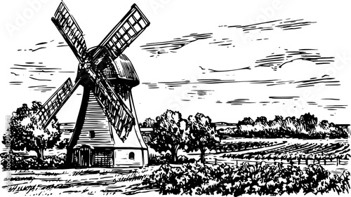 Windmill in a vintage black and white illustration. Detailed engraving set depicting a rural landscape with trees and fields.