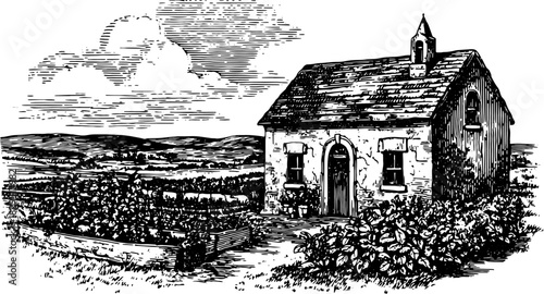 Vintage house illustration in black and white outline. Detailed vector artwork of a rural building in a simple landscape set.