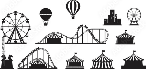 Vector Silhouette Set of Carnival and Amusement Park Elements, Featuring Ferris Wheels, Roller Coasters, Circus Tents, and Hot Air Balloons for Event Design