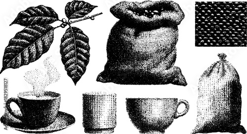 Coffee cup with steam, coffee leaves, and various bags in this vintage vector illustration. A set depicting coffee elements and textures.