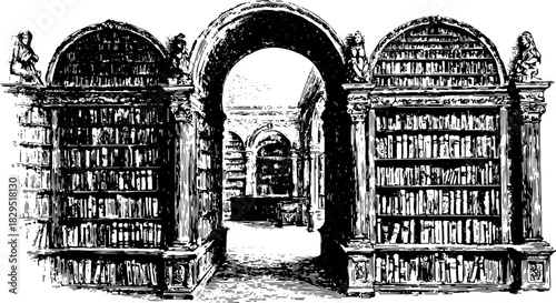 Library silhouette engraving illustrating antique bookcases and architectural details. This hand-drawn vector illustration captures historical elegance.