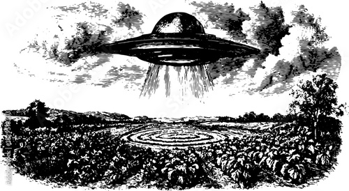 Engraved UFO hovering above a field. Black outline vintage illustration with clouds and crop formations, in a set designed for visual impact.