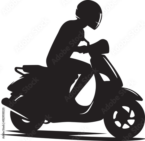 A striking silhouette depicts a man wearing a helmet as he confidently rides his sleek motor scooter.