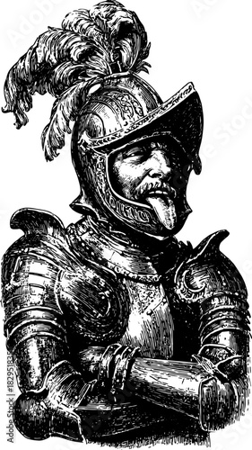 Knight in vintage armour. Hand-drawn engraving showcasing a historical military character in black outline style. Vector illustration.