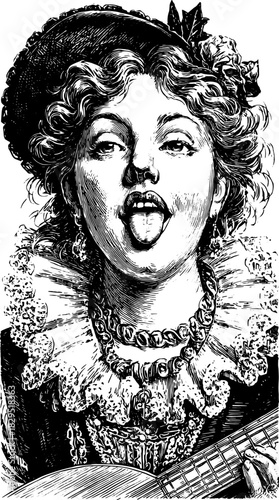 Engraving of a woman playing guitar, wearing an ornate hat and accessories. Vintage black outline illustration depicting historical music expression in a festive style.