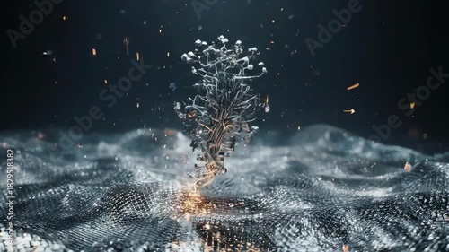 Abstract digital tree on a textured surface with sparks
