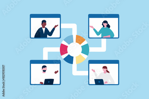 Virtual meeting with diverse team and data visualization in the center