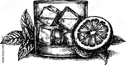 Vintage drawing of a cocktail glass with ice, a lemon slice, and mint leaves. This set features a realistic vector illustration.