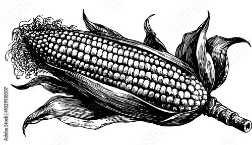 Vintage black and white illustration of corn presented in a detailed outline style. This graphic features elements of nature in a simple vector format.