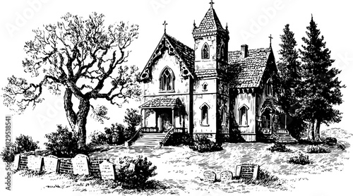 Vintage house in black and white outline style, featuring a tree and graves. Eerie landscape vector illustration showcasing detailed gothic architecture.