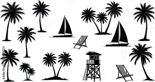 Collection of tropical beach silhouettes with palm trees, sailboats, lifeguard tower, and deck chairs, summer vacation vector design elements