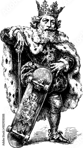 King with skateboard in a vintage engraving style. Set illustration featuring detailed outline and classic robes, vector artwork.