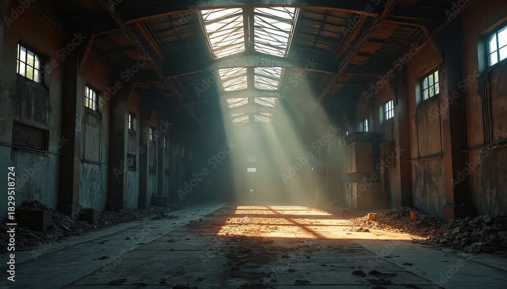 Fototapeta premium Long shot view inside old ruined warehouse. Light shines from roof window. Grunge interior, dark dirty decayed building. Factory illustration, abandoned location. Empty industrial space. Demolition