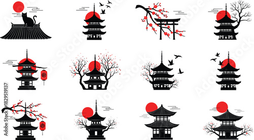 Japanese pagoda landscape vector set with red sun, cherry blossoms, torii gate, flying birds, traditional Asian temple silhouettes in minimal style