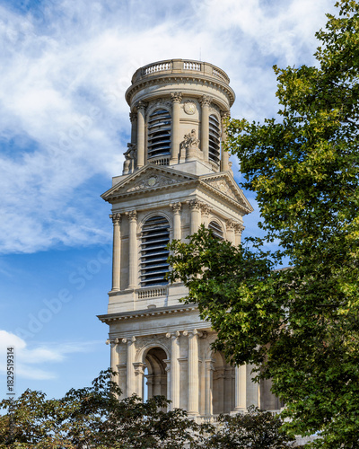 Thw tower of the Church of Saint Sulpice in the city of Paris, France 