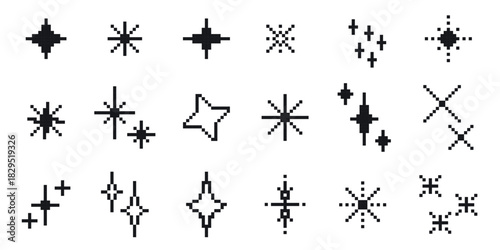 Set black pixel sparks, stars, shimmer, particles. Monochrome pixel gaming graphic elements. Retro style. Stars bit icons clipart. Vector elements