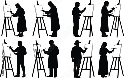 Silhouette artists painting on canvases at easels, creative artwork process, artistic figures drawing, professional painters working in studio environment illustration