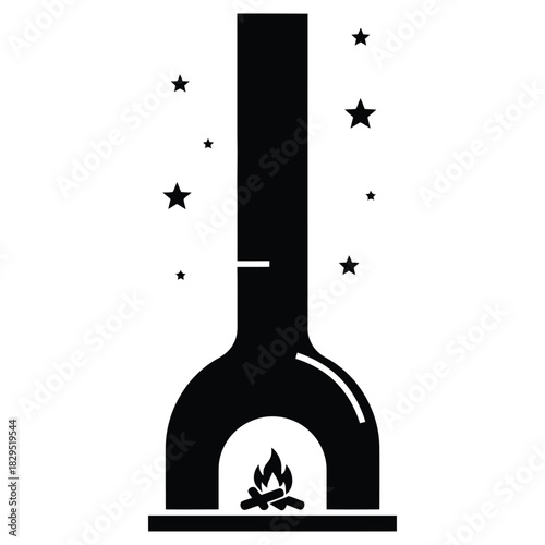 Fireplace Vector Illustration, Cozy Fireplace with Stars, Black and White Fireplace Icon
