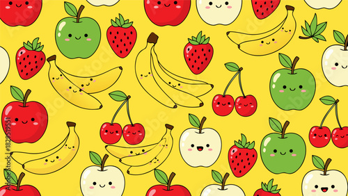 Adorable seamless pattern of cute kawaii fruits with smiling faces, featuring apples, bananas, strawberries, and cherries on a bright yellow background cc