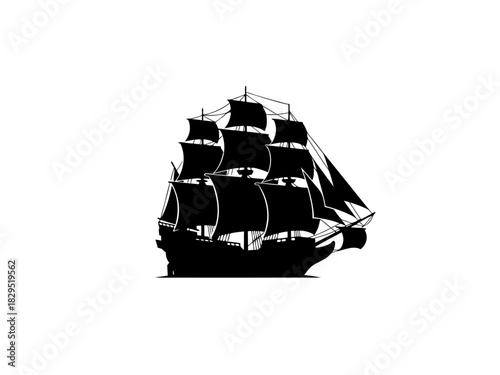 A detailed black silhouette of a classic tall sailing ship, an elegant vector illustration icon of a historic frigate or galleon isolated on white background