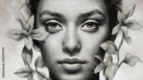 Abstract portrait, face and floral motifs, dotted