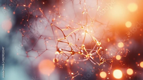 Abstract Network Connection Structure with Glowing Dots and Orange Light