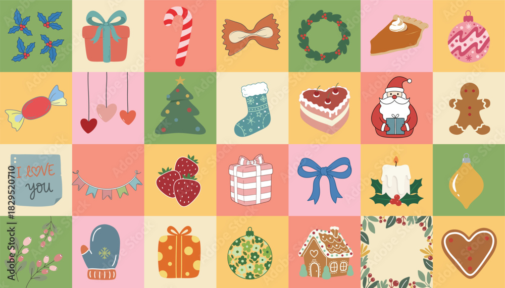 Fototapeta premium Cute Holiday Icons Collage Christmas Winter Celebration Elements Seamless Pattern Background Gift Candy Cane Santa Gingerbread House Wreath Cookie