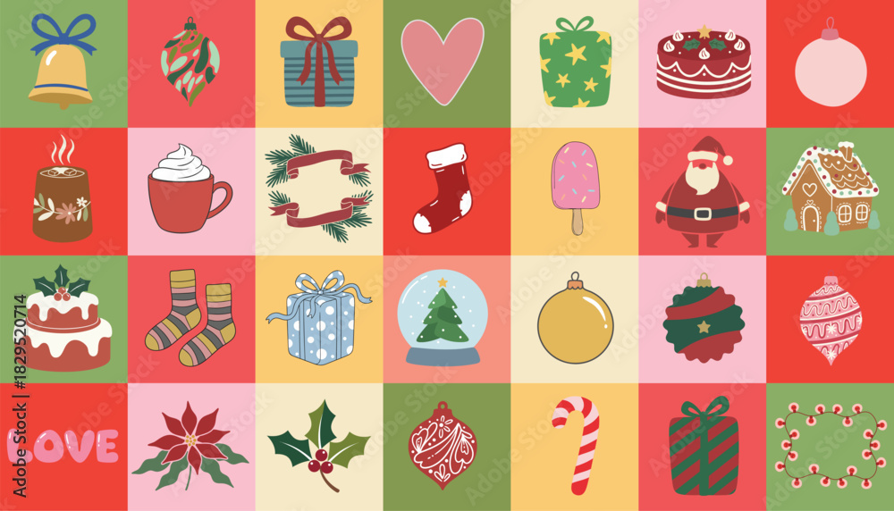 Naklejka premium Festive Christmas Icons Collection Cute Holiday Illustrations Santa Gifts Ornaments Food Decorations Pattern Background For Winter Celebration