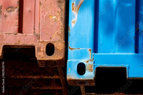 Corner casting of a red and blue sea container side by side in close up