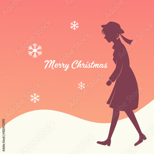 A young girl in a coat and hat walks through a snowy landscape with snowflakes falling, wishing everyone a merry christmas on a gradient background