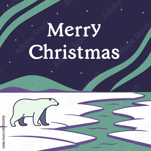 A festive christmas card featuring a polar bear standing on ice floes under the aurora borealis with the text merry christmas in a whimsical font