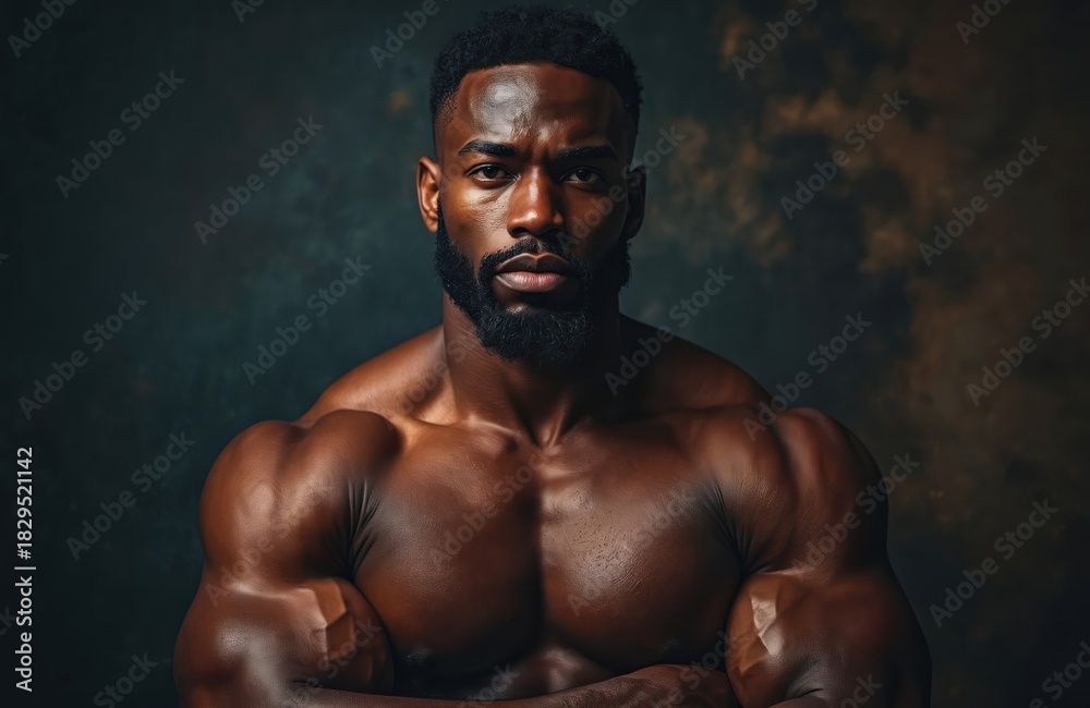 Fototapeta premium Black man muscular bodybuilder stands strong arms crossed indoors. Confident athlete shows muscle definition, serious face, studio shot with dark background. Fitness and sport portrait.