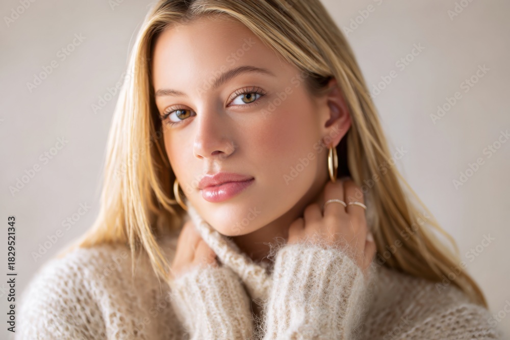 Fototapeta premium Woman in orange knitted sweater. Illustration of cozy autumn style.
