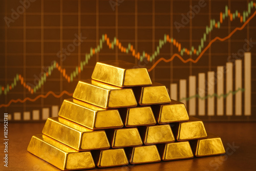 Stack of shining gold bars against a rising financial chart. Physical gold investment and stock market growth trend. Pyramid of precious metal ingots and bullish trade graphs.