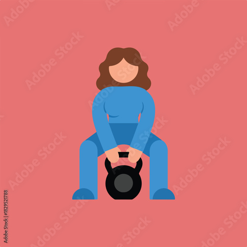 A digital illustration shows a woman in blue workout gear doing a kettlebell sumo deadlift against a pink background in a square format.