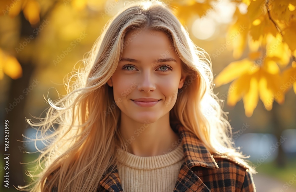 Fototapeta premium Blond woman smiles warmly in autumn park with yellow leaves. Wears plaid jacket, sweater. Sunlight filters through trees, creating soft, glowing atmosphere. Hair blows gently in breeze. Portrait