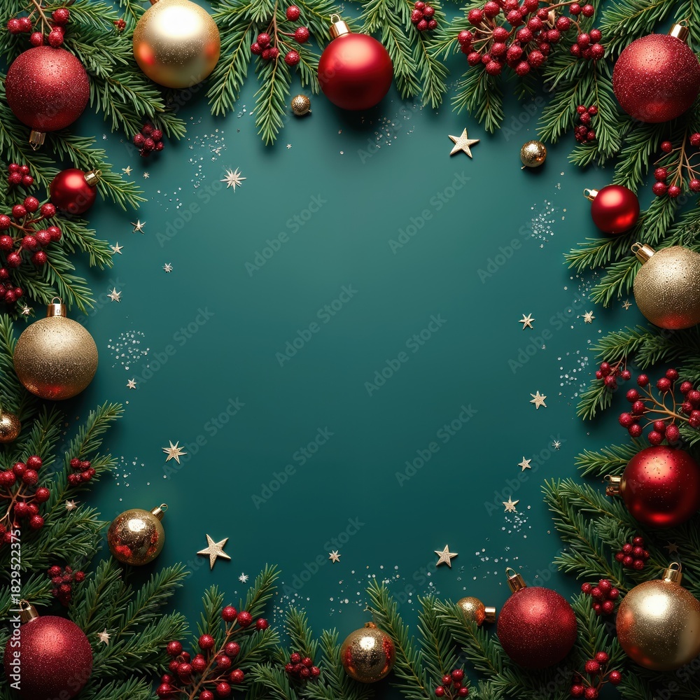 Obraz premium Festive Xmas themed background featuring decorative elements. Green backdrop with ornaments stars and berries. Perfect template for holiday greeting cards festive promotions or social media posts.