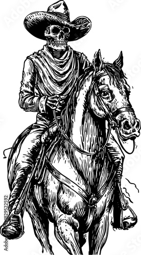 Skeleton cowboy on a horse in vintage outline style. Black and white vector illustration with traditional western motifs and decorative design elements.