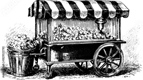 Vintage popcorn cart engraving in black and white. Detailed illustration of a retro food stand set.